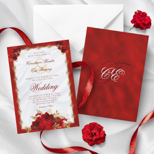Invitación Red Gold Elegant Monogram Roses Formal Wedding