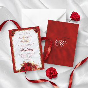 Invitación Red Gold Elegant Monogram Roses Formal Wedding