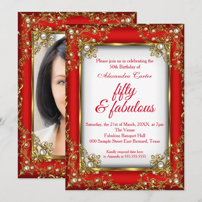 Invitación Red Gold Fabulous 50 Photo Pearl cumpleaños Party (Anverso / Reverso)
