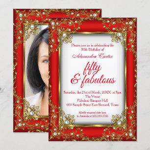 Invitación Red Gold Fabulous 50 Photo Pearl cumpleaños Party