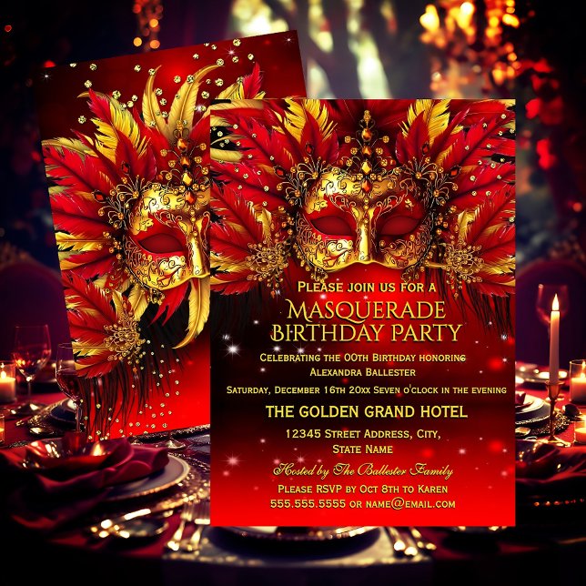 Invitación Red Gold Feathered Masks Masquerade Birthday Party (Subido por el creador)
