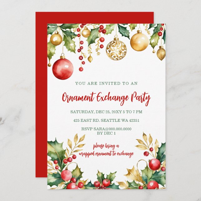 Invitación Red Gold Festive Ornament Exchange Christmas Party (Anverso / Reverso)