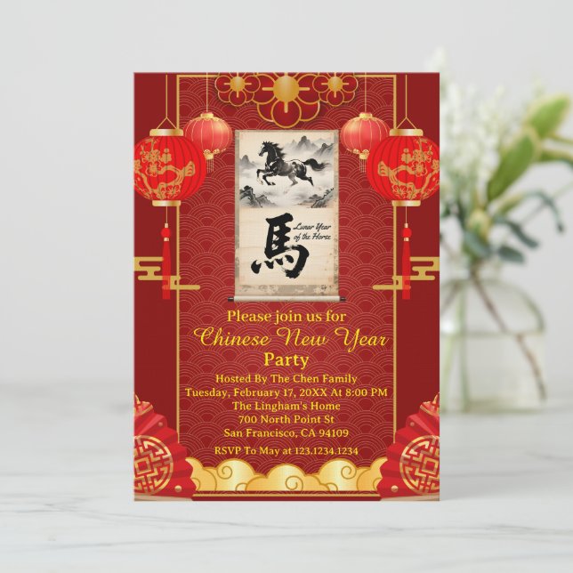 Invitación Red & Gold Festive Scroll Lunar Year of the Horse (Anverso de pie)