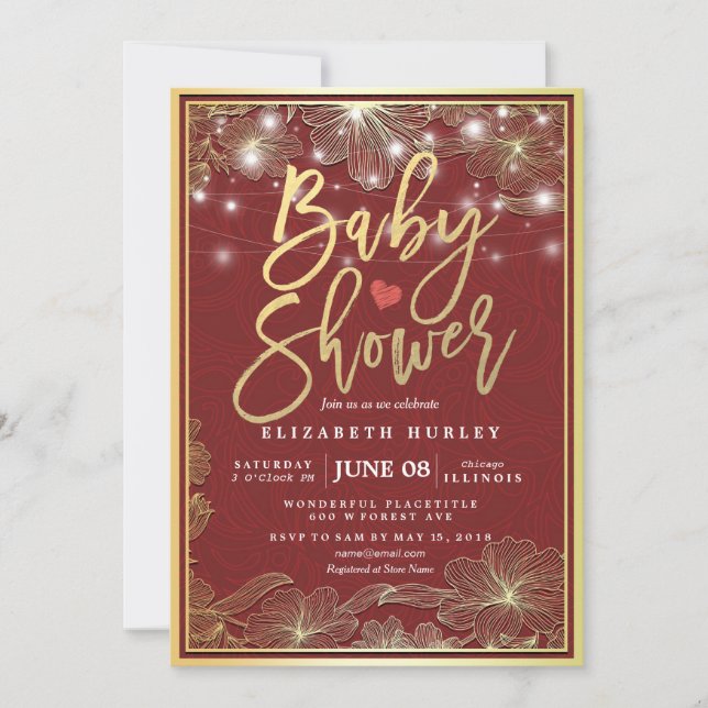 Invitación Red & Gold Floral Frame String ilumina Baby Shower (Anverso)