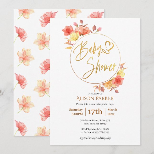 Invitación Red Gold Floral Wreath Watercolor Baby Shower (Anverso / Reverso)