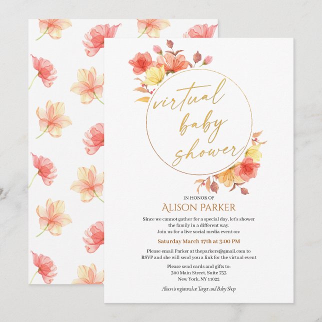 Invitación Red Gold Floral Wreath Watercolor Residuo Virtual (Anverso / Reverso)
