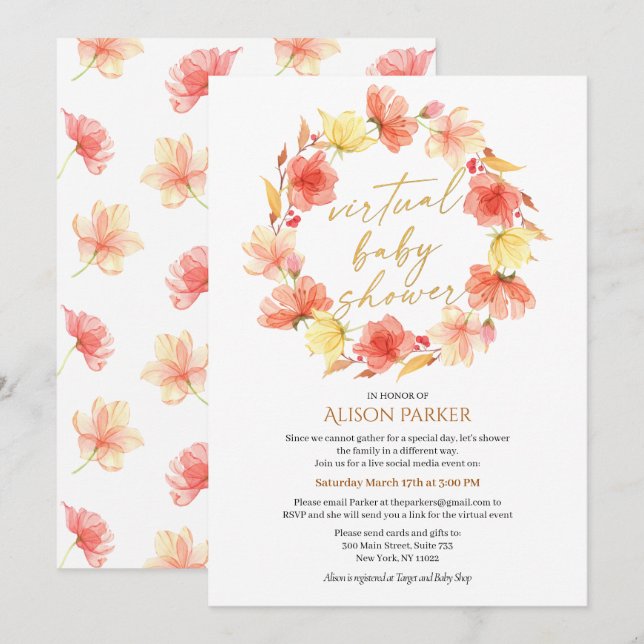 Invitación Red Gold Floral Wreath Watercolor Residuo Virtual (Anverso / Reverso)