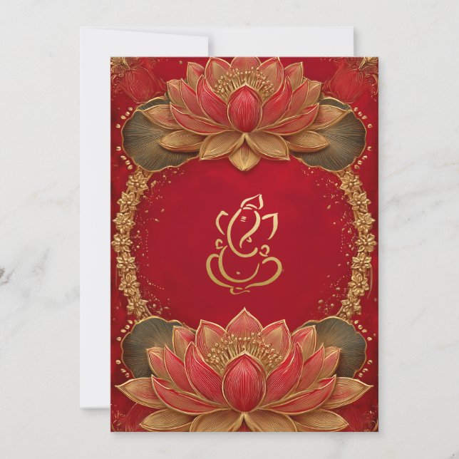 Invitación Red Gold Ganesha Indian Ethnic Lotus Boda (Anverso)