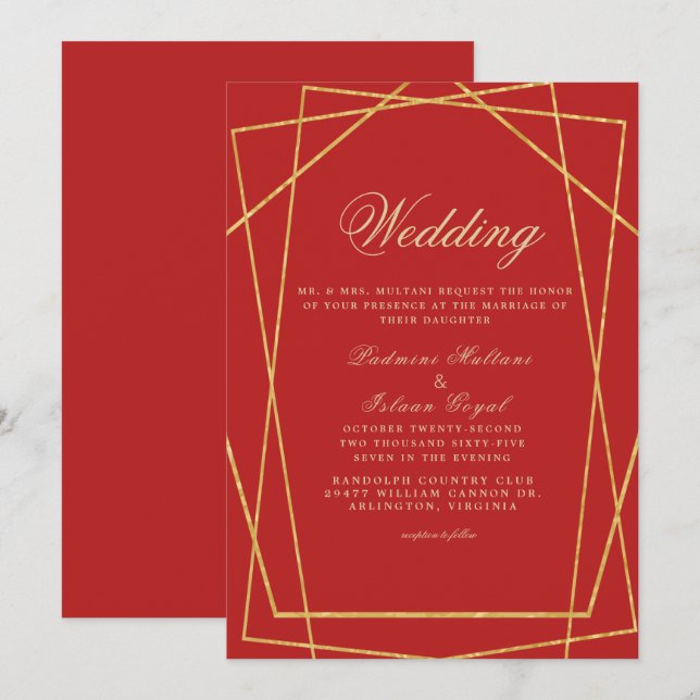 Invitación Red Gold Geometric Indian Style Boda (Anverso / Reverso)