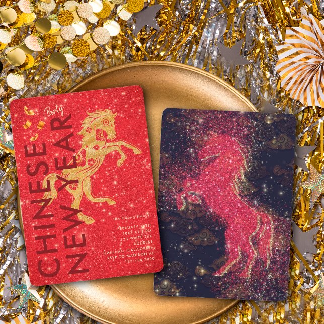 Invitación Red Gold Glitter Horse Lunar New Year Party (Subido por el creador)