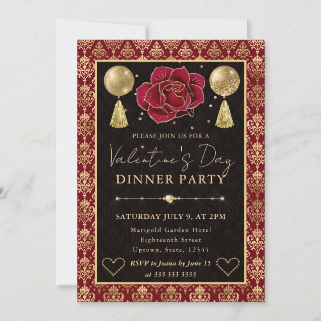 Invitación Red & Gold Heart Damask & Rose Valentine's Dinner (Anverso)