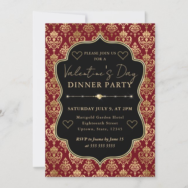 Invitación Red & Gold Heart Damask Valentine's Dinner Party (Anverso)