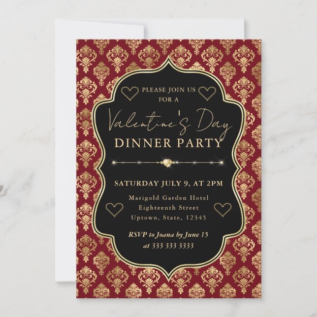 Invitación Red & Gold Heart Damask Valentine's Dinner Party (Anverso)