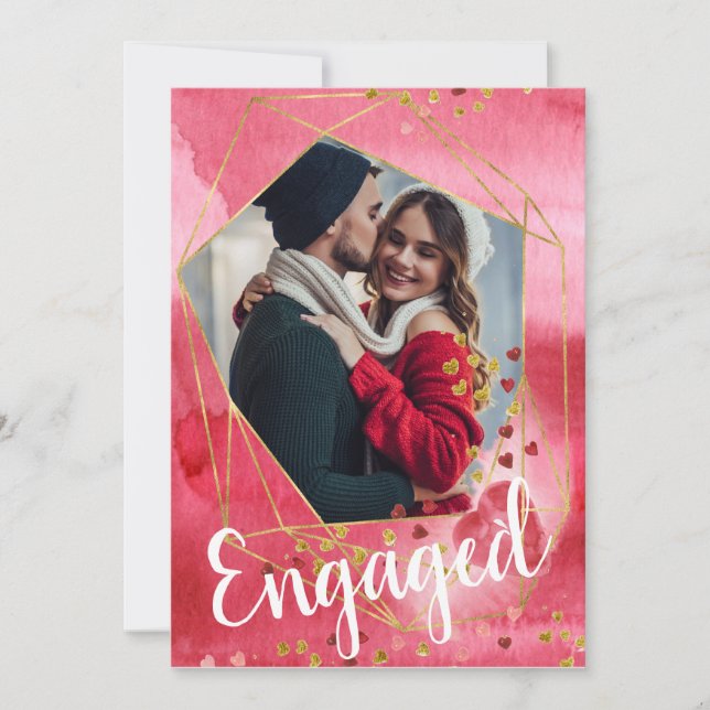 Invitación Red Gold Hearts Foto de Valentine Engagement Party (Anverso)