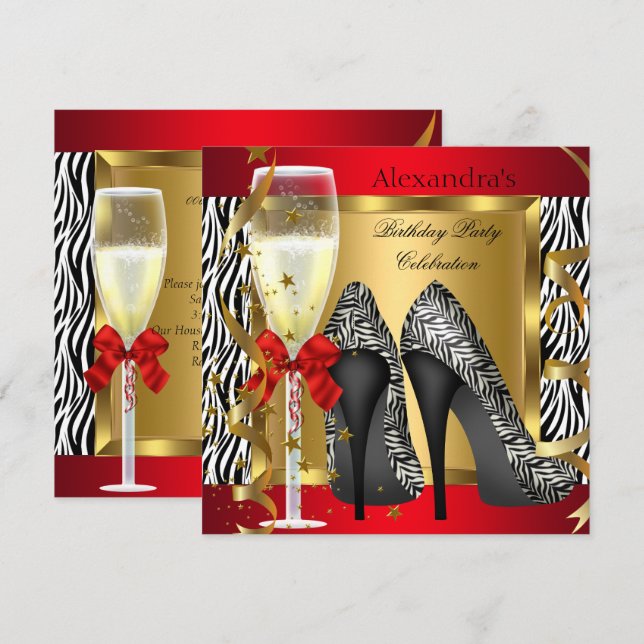 Invitación Red Gold High Heels Fiesta de cumpleaños de cebra  (Anverso / Reverso)
