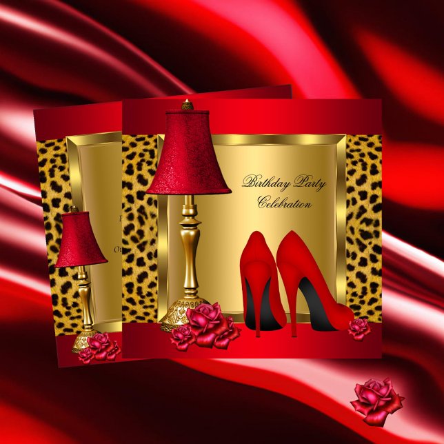 Invitación Red Gold High Heels Rosas Leopard Birthday Party 2 (Subido por el creador)