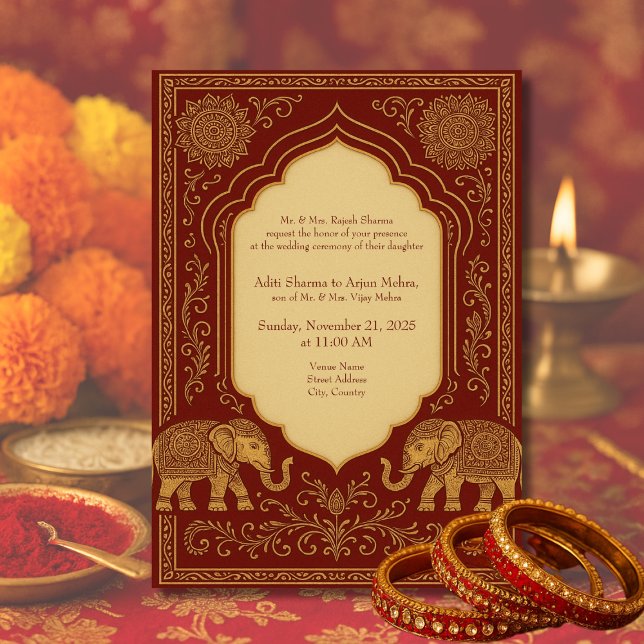 Invitación red gold hindu elephant ornate mandala wedding (Subido por el creador)