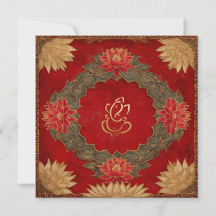 Invitación Red Gold Lotus Ganesh God Boda Indio