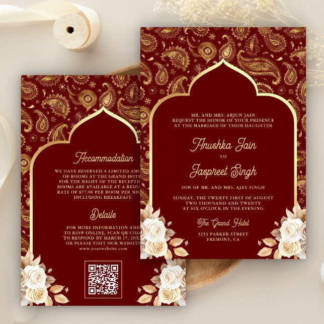 Invitación Red Gold Paisley Floral QR Código Indio Boda (Subido por el creador)