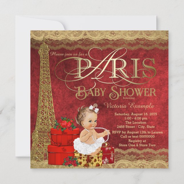 Invitación Red Gold Paris Baby Shower (Anverso)