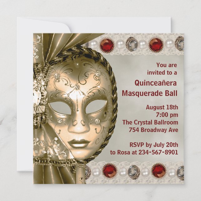 Invitación Red Gold Pearl Red Gold Masquerade Fiesta (Anverso)