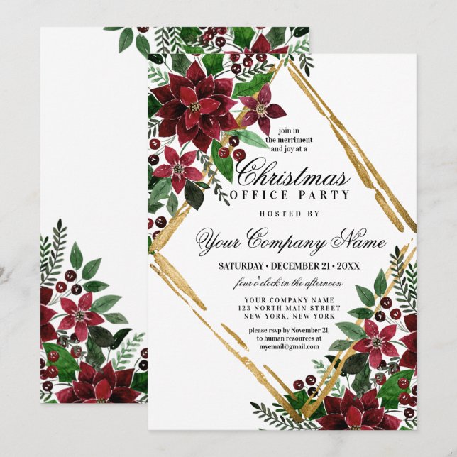 Invitación Red Gold Poinsettia Floral Corporate Navidades (Anverso / Reverso)
