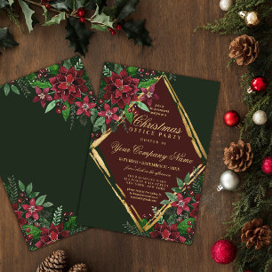 Invitación Red Gold Poinsettia Floral Corporate Navidades