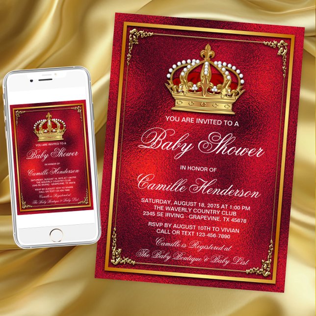 Invitación Red Gold Prince Baby Shower (Red gold prince baby shower any occasion invitation. Download and printed invitations available.)
