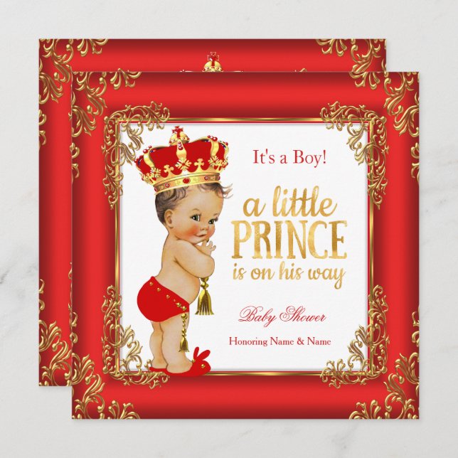 Invitación Red Gold Prince Baby Shower Damask Brunette Boy (Anverso / Reverso)