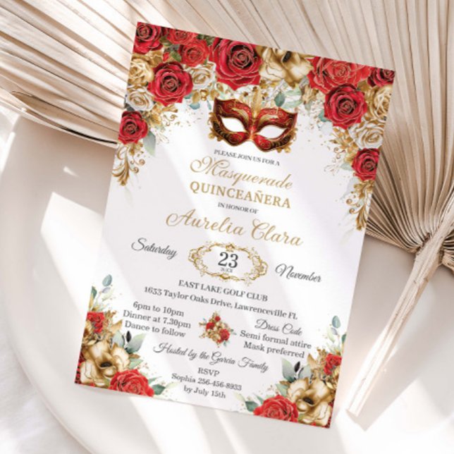Invitación Red Gold Roses Floral Masquerade Ball Quinceanera  (Subido por el creador)