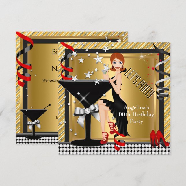 Invitación Red Gold Silver Black Martini Birday Party 2 (Anverso / Reverso)