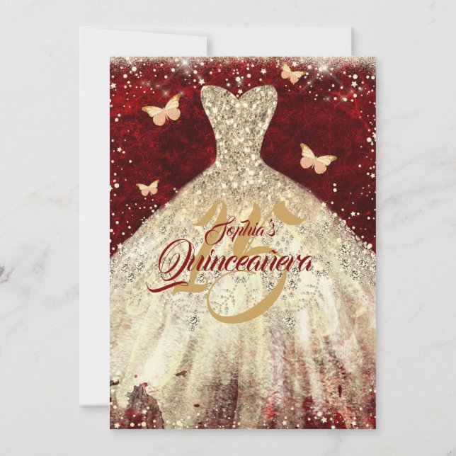 Invitación Red Gold Sparkke Mariposa Vestido Quinceanera (Reverso)