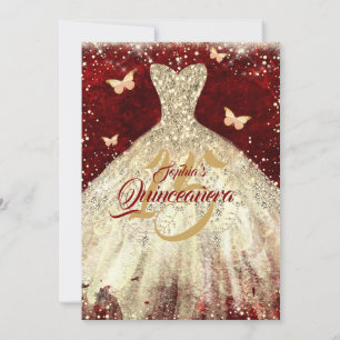 Invitación Red Gold Sparkke Mariposa Vestido Quinceanera