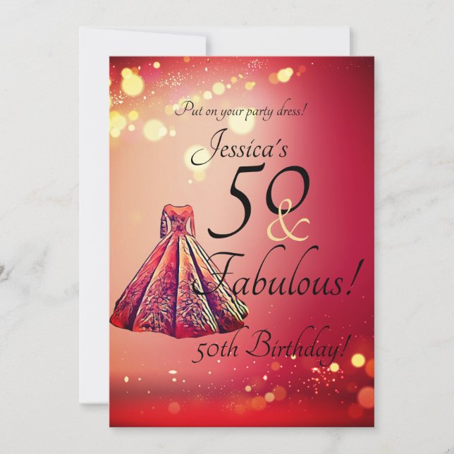 Invitación Red Gold Sparkle 50 y fabuloso cumpleaños 50 (Anverso)