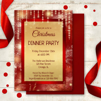 Invitación Red Gold Sparkling Luces Navidades Fiesta de cena