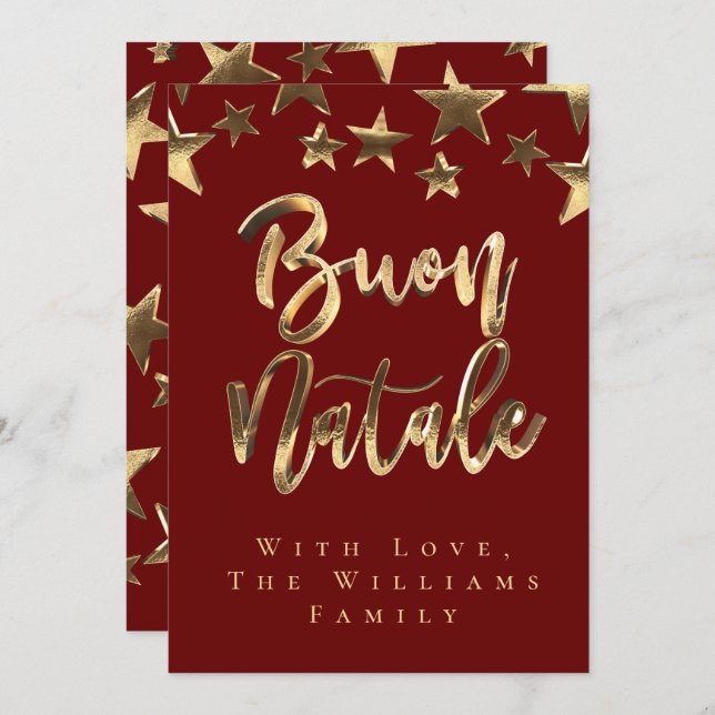 Invitación Red Gold Stars Buon Natale Italiano Feliz Navidad (Anverso / Reverso)