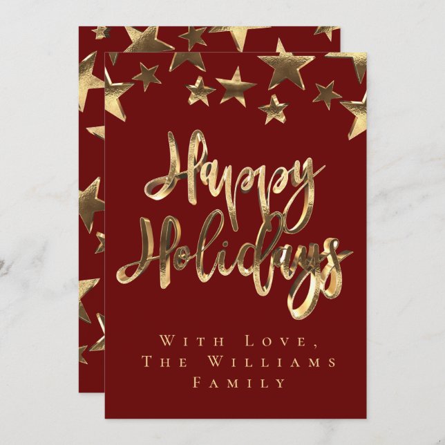 Invitación Red Gold Stars Happy Holidays Script Navidades (Anverso / Reverso)
