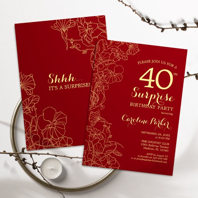 Invitación Red Gold Surprise 40th Birthday Fiesta (Subido por el creador)