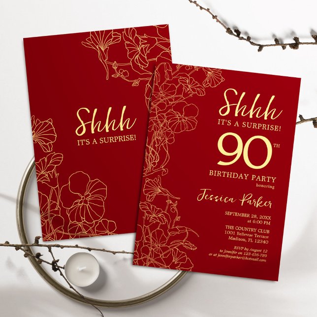 Invitación Red Gold Surprise 90th Birthday (Subido por el creador)