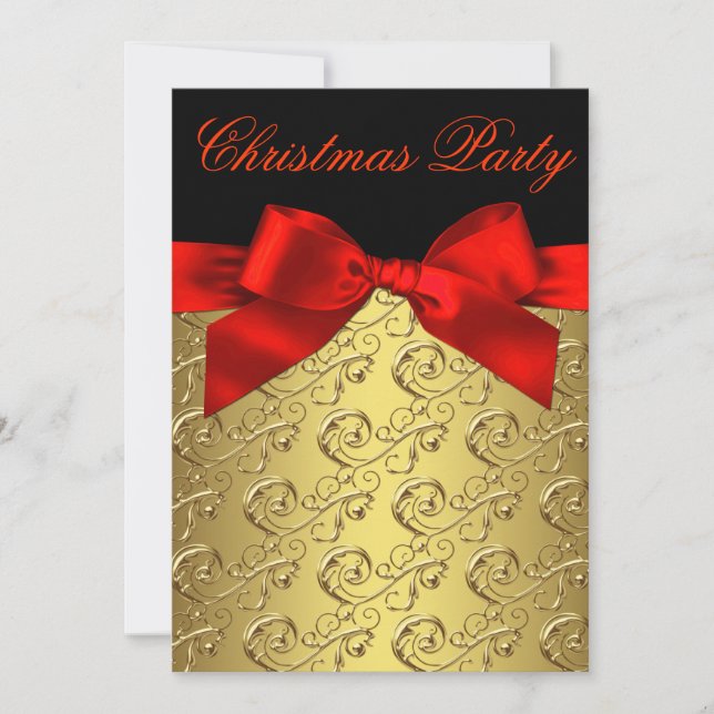 Invitación Red Gold Swirl Bow Corporate Navidades Fiesta (Anverso)