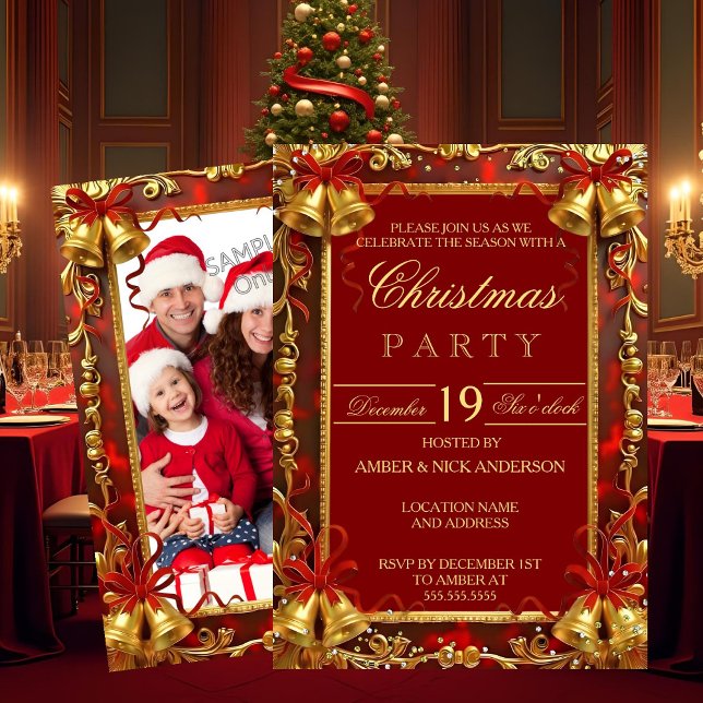 Invitación Red Gold Xmas Bells Photo Christmas Holiday Party (Subido por el creador)