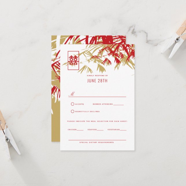 Invitación Red & Gold Zen Bamboo deja boda china RSVP (Anverso/Reverso In Situ)