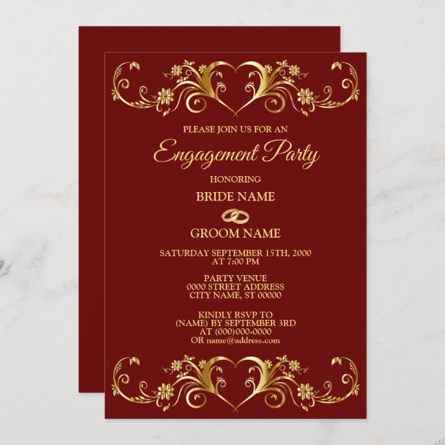 Invitación Red Golden Geometric Elegant Engagement Party (Anverso / Reverso)