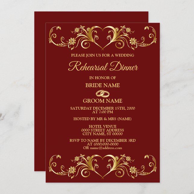 Invitación Red Golden Geometric Wedding Rehearsal Dinner (Anverso / Reverso)