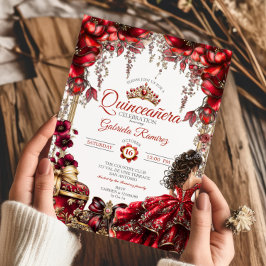 Invitación Red Golden Tiara Floral  Quinceañera