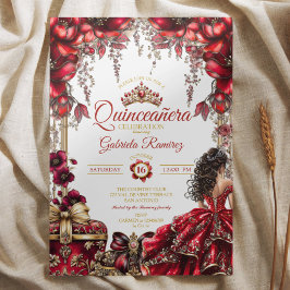 Invitación Red Golden Tiara Floral  Quinceañera