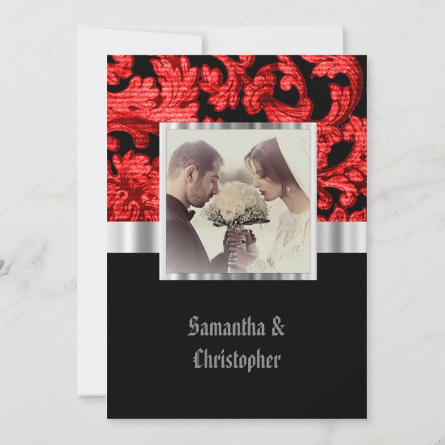Invitación Red Gothic damask wedding photo invitation (Reverso)
