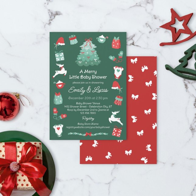 Invitación Red Green Bows Merry Little Christmas Baby Shower (Subido por el creador)