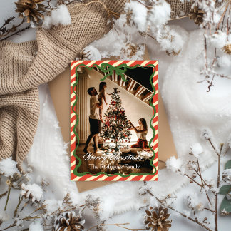 Invitación Red Green Christmas Family Photo Greeting Card