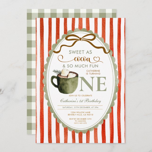 Invitación Red Green Hot Cocoa 1st birthday Gingham (Anverso / Reverso)